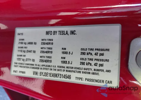 2019 Tesla Model 3 Long Range/Mid Range/Standard Range/Standard Range Plus из США, поврежденный, VIN 5YJ3E1EA9KF314546